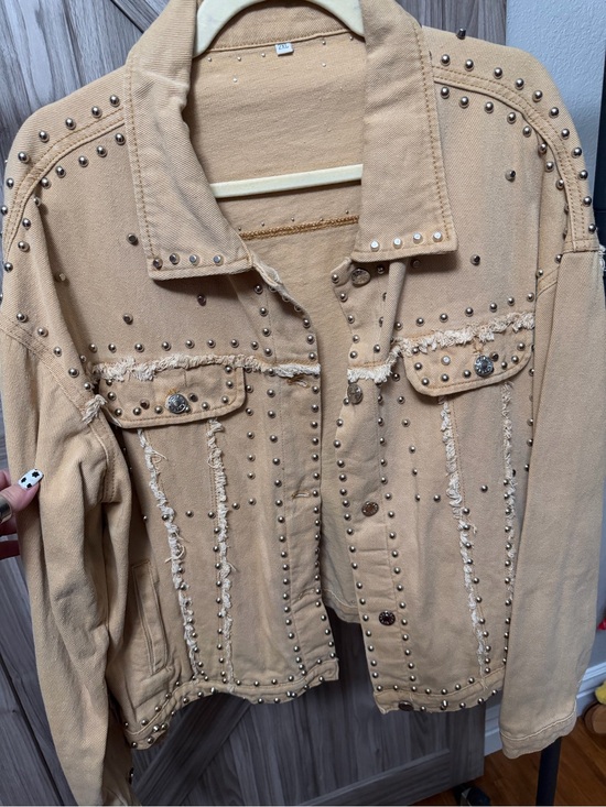 Jackets & Blazers - 2XL Tan Studded Denim Jacket Western Boho 100% Cotton